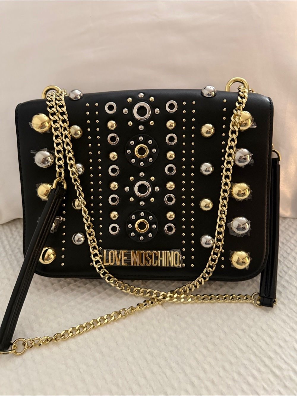Love Moschino Black Shoulder Bag with Gold & Silver Stud Accents